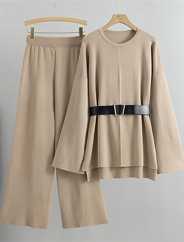  בגדי ריקוד נשים סוודר סט סוודרים סגנון רחוב יום יומי צבע אחיד צווארון עגול קצר סרוג מכפלת א-סימטרית שרוול ארוך חולצות רגילות לִסְרוֹג יומי חגים ליציאה שחור חאקי סתיו חורף