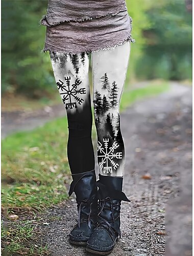  Womens Viking Boho Slacks Leggings Bequeme Leggings Urlaub Vintage Streetwear Vollständig Länge Natürliche Grafische Schneeflocke Elastischer Bund Druck Gemütlich Bequem Dehnbar Urlaub Straße Schwarz