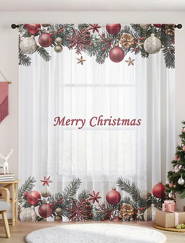  1 stk. ny juleserie gjennomsiktig gardin, 3D digitaltrykt stanglomme-vindusvoile, soverom &stue juledekorasjon, direkte fra fabrikken