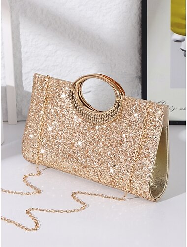  Women's Glitter Silver Gold Evening Clutch Bag with Metallic Ring Handle, Elegant and Stylish Handbag for Parties, Weddings and Formal Event