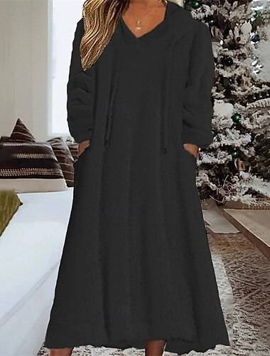  Damen Midikleid Freizeitkleid Winterkleid Mode Modern Täglich Wochenende Normale Passform Einfach Langarm Mit Kapuze Schwarz Winter Herbst