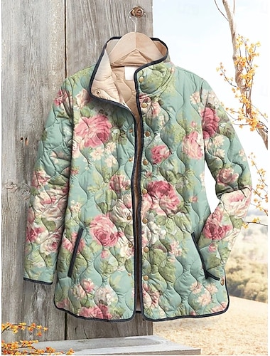  Mujer Chaqueta de Invierno Chaqueta acolchada Mantiene abrigado Cómodo Bolsillo Botones Estampado Moda Diario Exterior Floral Vacaciones Casual Diario Botonadura Simple Regular Escote Chino Ajuste