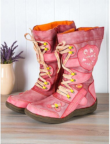  Botas de combate femininas vermelhas com cadarço e cano médio, forradas com lã, estilo vintage de fazenda, confortáveis, feitas à mão para trajes casuais e uso ao ar livre no inverno