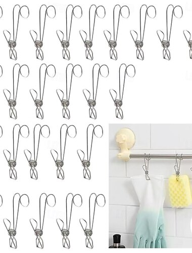  25 stuks roestvrijstalen wasknijpers, haakklemmen, duurzame ophangklemmen, multifunctionele gebogen haakklemmen voor keuken, badkamer, opbergruimte, huishoudelijke was, sokkendroogorganizer, herbruikbare metalen clips