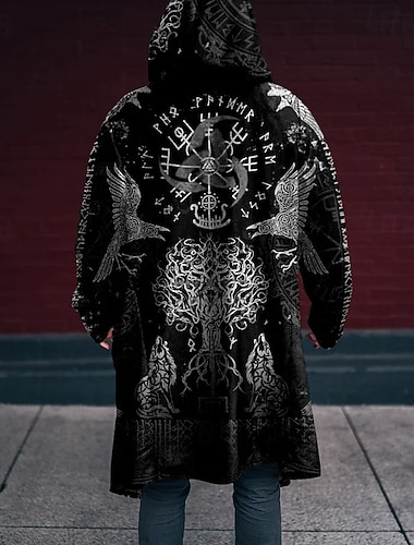  رجالي الفايكينج معطف شتوي سترة الصوف معطف الدفء مريح عتيق كاجوال شارع مناسب للبس اليومي سحاب جيب طباعة ثلاثية الأبعاد الخريف الشتاء مع قبعة كم طويل أسود أزرق