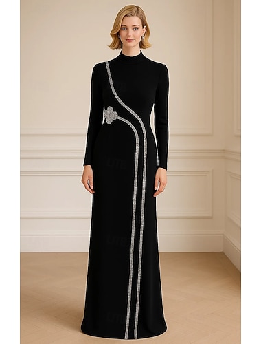 Vestido de noite elegante, com bainha/coluna, embelezado com cristais, preto, formal, para casamento, comprimento até o chão, manga comprida, gola alta com cristais 2025   Vestido de noite elegante, com bainha/coluna, embelezado com cristais, preto, formal, para casamento, comprimento até o chão, manga comprida, gola alta com cristais 2025
