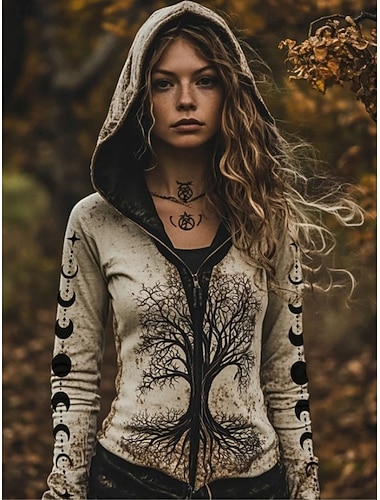  Damen Hoodies mit Reißverschluss Grafik Aktiv Vintage Ethnisch Langarm Mit Kapuze Normale Oberteile Heim Lässig Sport Reißverschluss Purpur Braun Hell Gray Dunkelgray Herbst Winter