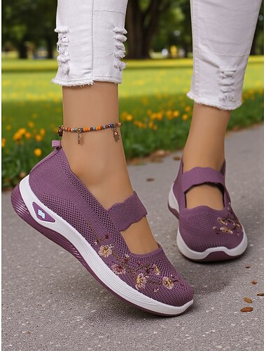  Γυναικεία μωβ αθλητικά παπούτσια Mary Jane με flyknit και φλοράλ κέντημα, ελαφριά, αναπνεύσιμα παπούτσια για περπάτημα και casual ντύσιμο.