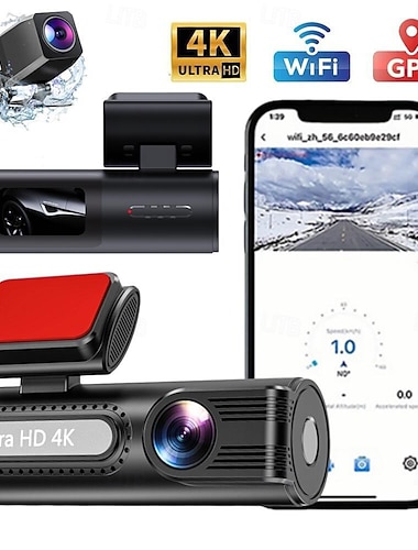  מצלמת דאש מצלמה קדמית HD 4K, מצלמה אחורית 1080p, קישוריות WiFi לנייד ומסך IPS בגודל 1.5 אינץ' להקלטה בלולאה.