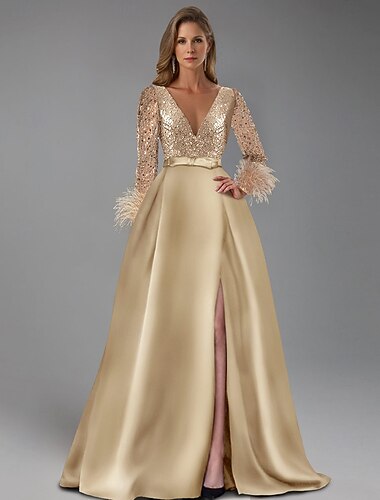  Abito da sera a linea A abito elegante formale lungo fino al pavimento maniche lunghe scollo a V abito per madre della sposa in paillettes con glitter di piume