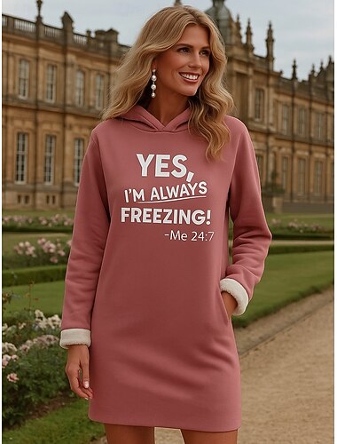  Per donna Mini Abito Abito a Tubino Casual Natale Casa Capodanno Vestibilità regolare Grafico Lettera Manica Lunga Con Cappuccio Rosa Autunno Inverno