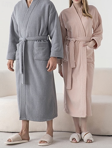  女性用 パジャマ ナイトガウン フランネル ファッション カジュアル ピュアカラー ポケット バケーション 家 日常 長袖 Ｖネック ブラック ピンク ブルー キャメル 秋 冬 テイラーフィット