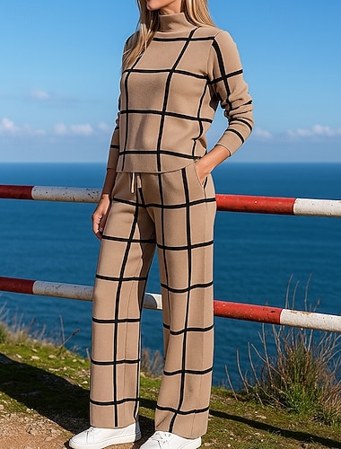  Dame Sett med genser-joggedresser 2-delt treningsdress Loungeantrekk med lomme Rutet Treningsdrakt Høst Hvit Grønn Vandring Yrke Utendørs Mote Langermet Sport Sportsklær Mikroelastisk Normal