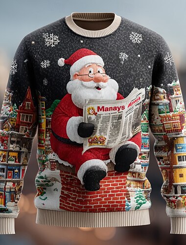  Stygg julegenser Herre julenissen Pullover genser Strikketøy Crewneck Fritid Feriereise Daglig Festival 3D-utskrift Hold Varm Langermet Vår Høst Vinter Svart Rød Grønn