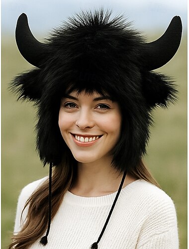  قبعة قرن قطيفة للجنسين مناسبة للهالوين - قبعة زي ثور فايكنج فروي مع بطانة دافئة للرجال والنساء، مناسبة للارتداء في الحفلات والشتاء