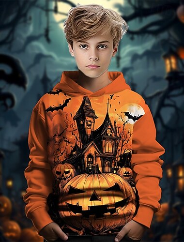  Halloween Gutt 3D Gresskar Hattetrøje Langermet Vår Høst Mote Gatemote Barn 4-12 år Med hette utendørs Avslappet Daglig Normal