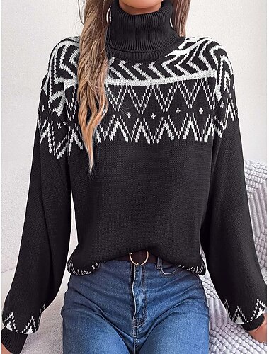  Dames Fair Isle trui Stoppen Elegant Vintage Streetwear Geometrisch Geribd Coltrui Bloemig Lange mouw Normale tops breien School Buiten Huis Zwart Rood Lente Herfst