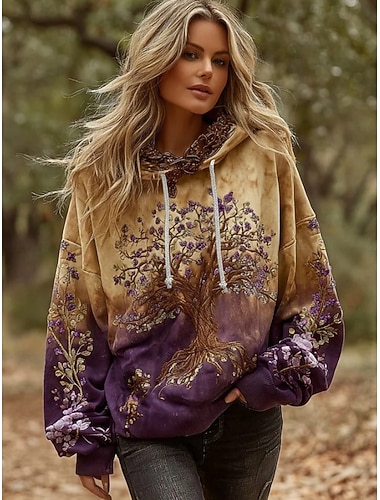  Dam Pullover Hoodie Sweatshirt Blommig Grafisk Elegant Varm Vintage Långärmad Huva Vanliga toppar Gata Vardag Ledigt Lappverk Mönster Gul Vår Höst Vinter