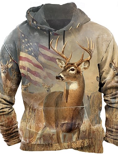  Homens American US Flag Veado Moletom Moda Clássico Gola Redonda Ao ar livre Caça Azul Marron Com Cordão Outono Inverno Designer