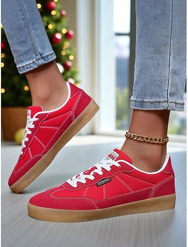  Rode canvas sneakers voor dames – casual veterschoenen met rubberen zool voor wandelen, reizen, kerst en dagelijks gebruik
