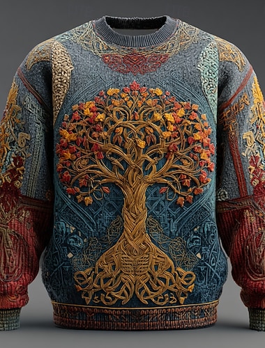  Homme Viking Arbre de la vie Pull Tricots Col Rond Rétro Vintage Occasionnel Vacances Rue Quotidien Impression 3D Tricot Garder au chaud manche longue Automne Hiver Bleu Marron