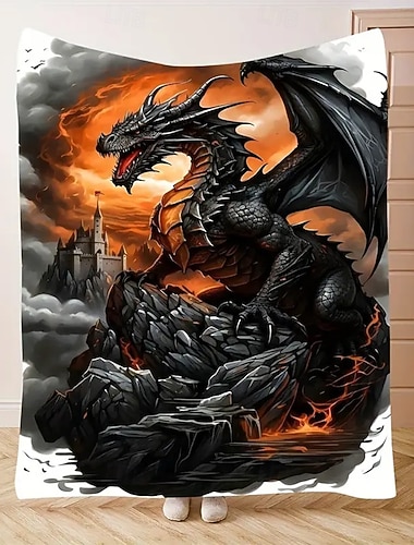 Fleece-teppe til sofaen, drage, 3D-fantasi, soverom, sovesofa, dekorativt varmt teppe, hjemmedekor