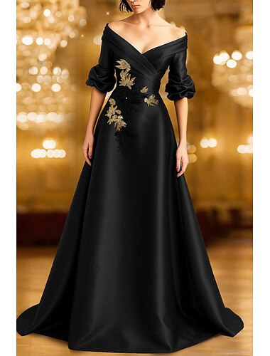  abito da sera elegante a trapezio nero e rosso, abito formale da sposa lungo fino al pavimento, manica lunga, spalle scoperte, raso con paillettes glitterate 2025