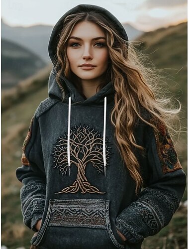  Damen Kapuzenpullover Grafik Stammes Lässig Langarm Mit Kapuze Normale Oberteile Party-Abendmode Straße Alltagskleidung Dunkelgray Frühling Herbst Winter