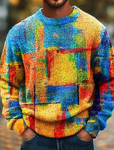  Herre Fargeblokk Abstrakt Pullover genser Strikketøy Crewneck Fritid Feriereise Hjem Gate 3D-utskrift Strikking Hold Varm Langermet Vår Høst Vinter Blå Oransje Grønn
