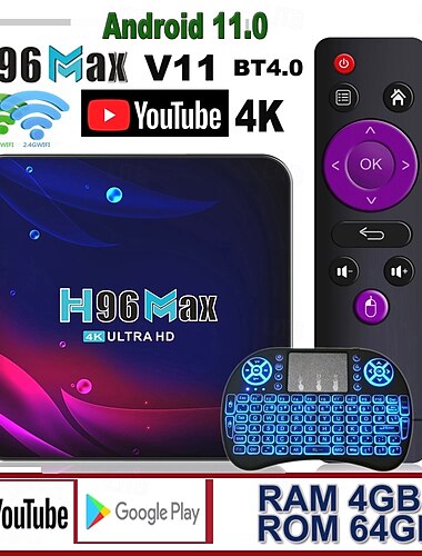  h96 max v11 rk3318 4k hd youtube google play 2.4g 5g wifi bt4.0 ricevitore lettore multimediale hdr usb 3.0 4gb 32gb 64gb smart android 11 tv box
