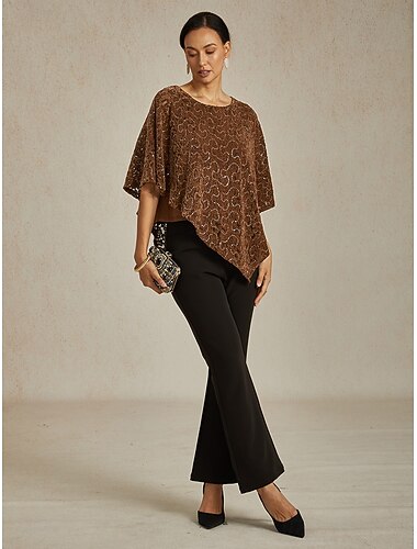  Dame Bluse Poncho Blonde topper Elegant Årgang Crew-hals Vanlige topper Bryllupsgjest Festkveldsklær Aftenselskap Paljetter Illusjonsblonder Brun Vår Høst