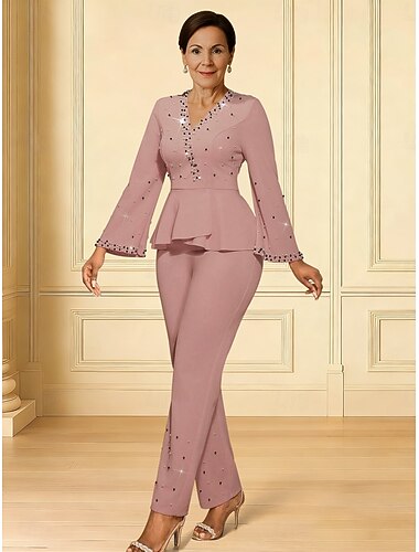  Combinaisons Longueur cheville manche longue Col en V Élégant Formel Tissu Extensible Robe de Mère de Mariée  avec Volants