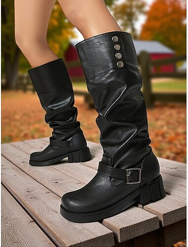  Bruine slouchy kniehoge laarzen van imitatieleer voor dames - stevige hak met gespband en metalen knoopaccenten voor casual buitenactiviteiten en streetwear