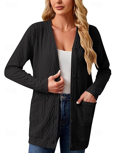  Leichter Strickjackenpullover für Damen, lässig, langärmlig, vorne offen, Oberbekleidungsjacke mit Taschen