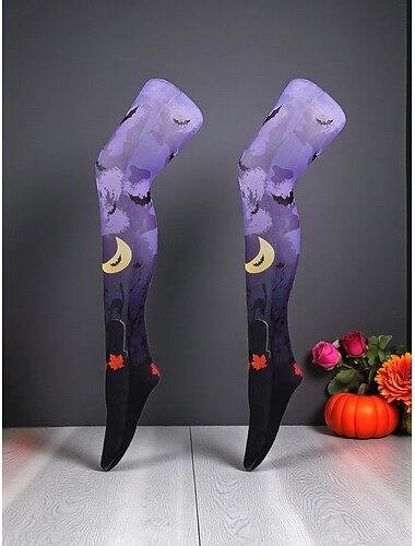  Halloween-bedrukte panty's voor dames - kleurrijke kousen over de knie met vleermuis-, spook- en pompoenpatronen voor kostuumfeesten en cosplay