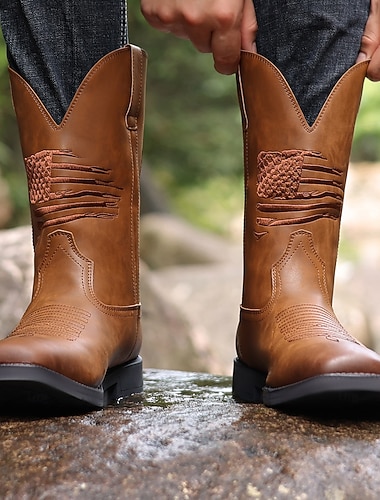 stivali da lavoro da cowboy da uomo con bandiera americana in rilievo - stivali western in similpelle marrone resistente con suola robusta per abbigliamento casual e all'aperto