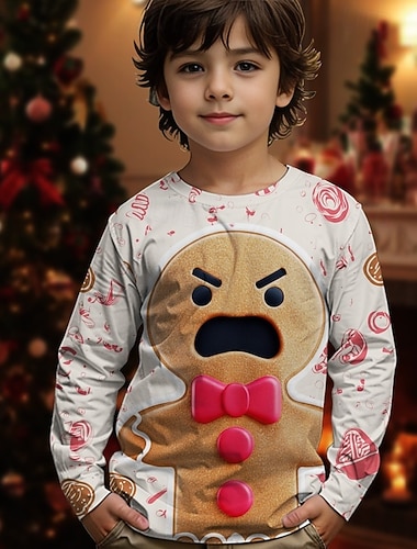 Karácsony Fiú 3D Grafika Mézeskalács férfiak Póló Hosszú ujj Tavasz Ősz Divat Alap Gyerekek 4-12 év Terített nyak Szabadtéri Hétköznapi Napi Normál   Karácsony Fiú 3D Grafika Mézeskalács férfiak Póló Hosszú ujj Tavasz Ősz Divat Alap Gyerekek 4-12 év Terített nyak Szabadtéri Hétköznapi Napi Normál