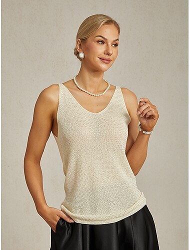  Γυναικεία Καμισόλ Tank Top Κομψό Πάρτι Αμάνικο Λαιμόκοψη V Κανονικά μπλουζάκια Επισκέπτης γάμου Βραδινό Ρούχα για Πάρτυ Καρφί Γκλίτερ Χάντρες Σαμπανιζέ Καλοκαίρι Άνοιξη Φθινόπωρο