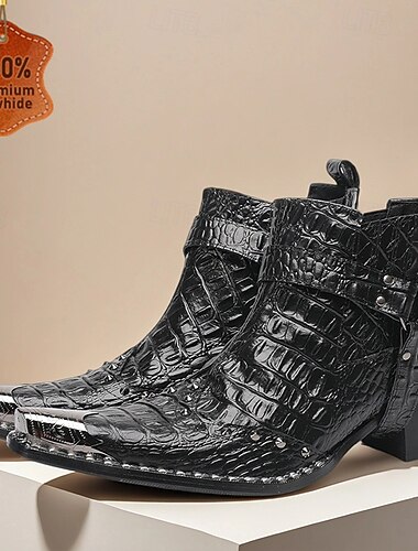  Men's Black Crocodile Pattern Genuine Leather Ankle Boots – Western Style Side Zipper Boots for Parties, Concerts and Nightlife