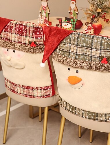  Fundas para sillas navideñas con diseño de gorro de Papá Noel, Papá Noel de dibujos animados con patrón de copos de nieve, fundas festivas para sillas navideñas para decoración del hogar y comedor.