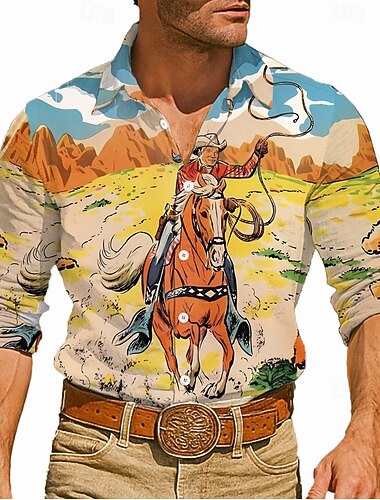  בגדי ריקוד גברים הר מרוצי סוסים חולצה חולצה מערבית חולצת בוקרים שרוול ארוך רטרו וינטג' בָּחוּץ קזו'אל לבוש עבודה אביב סתיו צווארון מתקפל הדפסת תלת מימד חולצה כמו פשתן חאקי