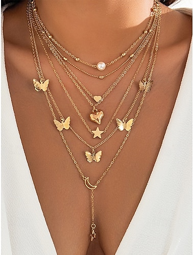  Conjunto de collar de aleación en capas para mujer con colgantes de mariposa, corazón, estrella y luna, joyería de moda de múltiples hilos para fiestas, bodas y uso diario.