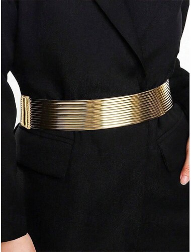 Ceinture large en métal doré, argenté et noir pour femme - cordon élastique extensible avec fermeture à pression, accessoire de mode pour robes, fêtes et occasions formelles