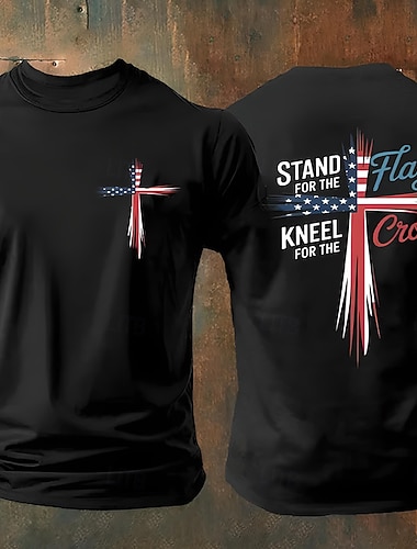  Herre Kors Amerikansk flagg Kortermet skjorte T-skjorte T-skjorte T-skjorte Kortermet T skjorte 3D-utskrift Crew-hals Skjorte Mote Designer Fritid Daglig Feriereise Ferie Svart Alle årstider Klær XXL