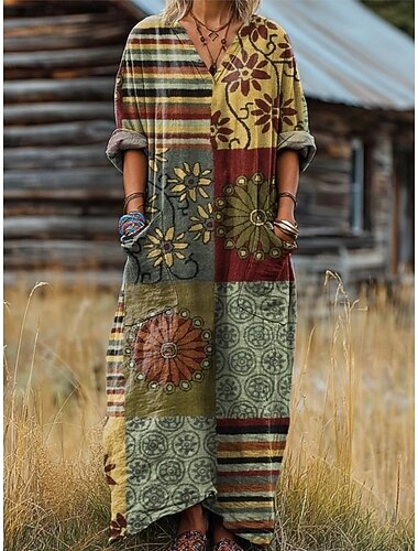  Γυναικεία Μακρύ φόρεμα Φόρεμα για τον ήλιο Φόρεμα σε γραμμή Α Διακοπές Καθημερινό Μπόχο Γενέθλια Καθημερινά Αργίες Χαλαρή Εφαρμογή Φλοράλ Μακρυμάνικο Λαιμόκοψη V