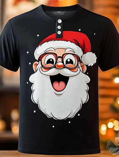  Муж. Новогодняя тематика Дед Мороз Футболка Рубашка Хенли С короткими рукавами Оригинальный рисунок Ретро На каждый день Для улицы Повседневные Лето Весна Зима Черный Хенли Футболка Хенли