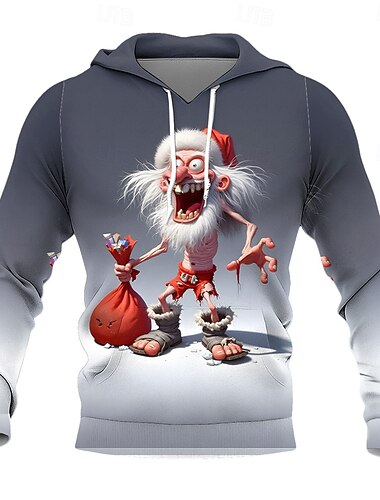  Новогодняя тематика Муж. Дед Мороз Толстовка Мода Повседневные На каждый день Длинный рукав Вырез под горло Капюшон Дом Для вечеринок Подарок Светло-синий Серый Кулиска Осень Зима Дизайнер S M L XL