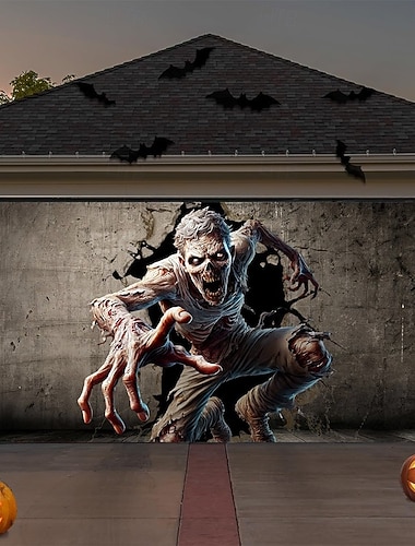 Copertura per porta da garage di Halloween, teschio che sfonda la porta, striscione, casa stregata, scena horror, sfondo spettrale, arazzo per muro esterno, recinzione, cortile, decorazione per festa