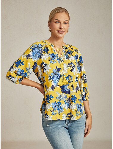  Per donna Femminile Camicia casual Floreale Casuale Corte Giallo Floreale Manica 3/4 Vacanza Scollo a V