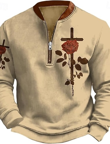  Men's Quarter Zip Sweatshirt Black Khaki Half Zip Cross Rose Front Pocket Quarter Zip Daily Holiday Going out Polyester Vintage Streetwear Retro Fall Winter Clothing Apparel Hoodies Sweatshirts